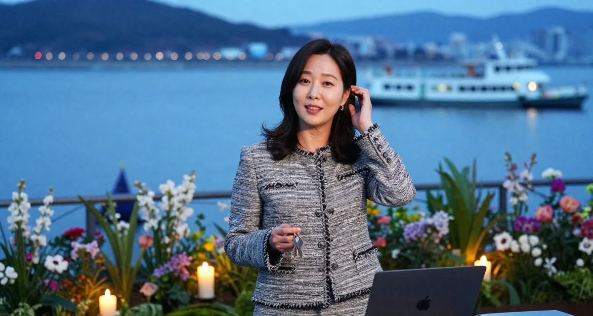 A sympathetic Female From South Korea, based in Busan, graduated from a design institute majoring in visual communication in their 48, confident public speaker and thought leader, wearing a classic chanel style tweed suit, holding a set of keys in a blooming flower garden.