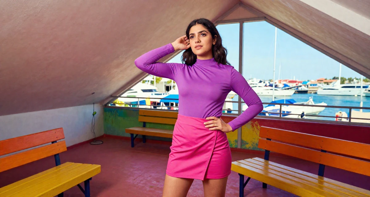 A patient Female From Arabic-speaking world, studied interior architecture in their 22, experimenting with cosplay or themed shoots, wearing a mini wrap skirt and a fitted long-sleeve top, tucking hair behind an ear in a attic room.