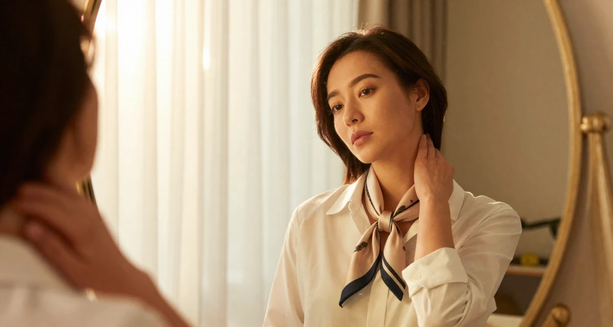A engrossed Female From Macau, studied hospitality management in their 32, managing long-distance relationship, wearing a silk scarf tied around the neck of a white shirt, massaging the neck in a vanity mirror.