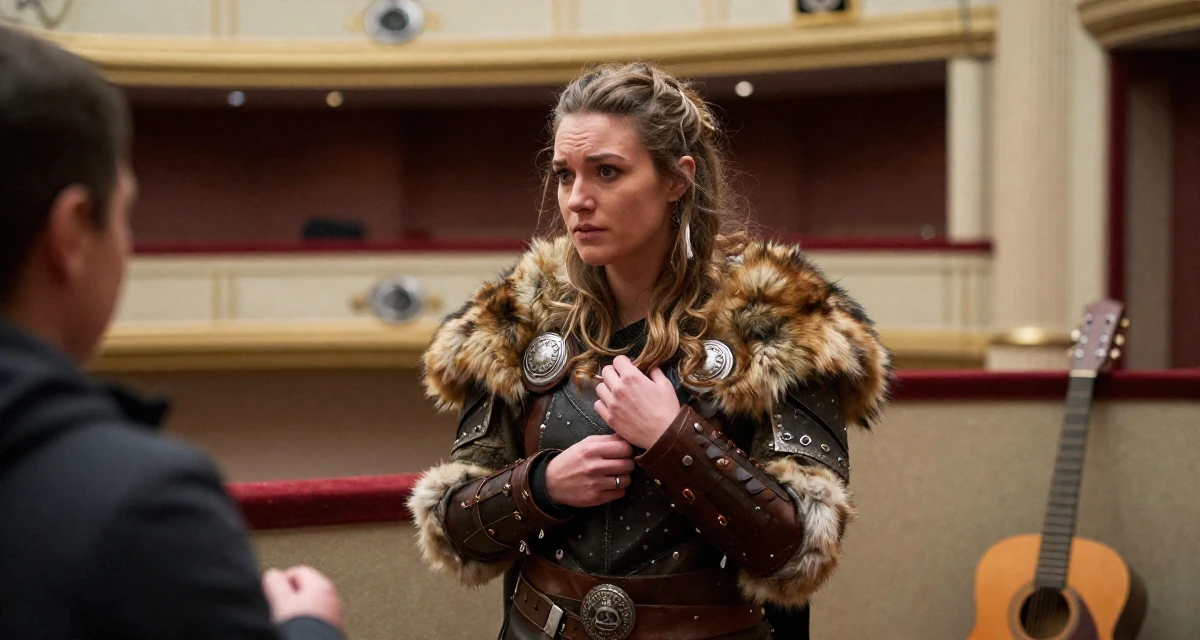 A resilient Female From Canada, studied kinesiology in their 22, responding to fans while keeping emotional distance, wearing a viking shield-maiden outfit with fur and leather, fixing a loose strand of hair in a opera house balcony.