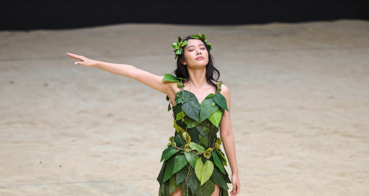A zoned out Female From Thailand, based in Chiang Mai, graduated from a regional college majoring in content production in their 38, handling long working hours, wearing a forest dryad costume made of leaves and vines, taking a deep breath in a theater stage.