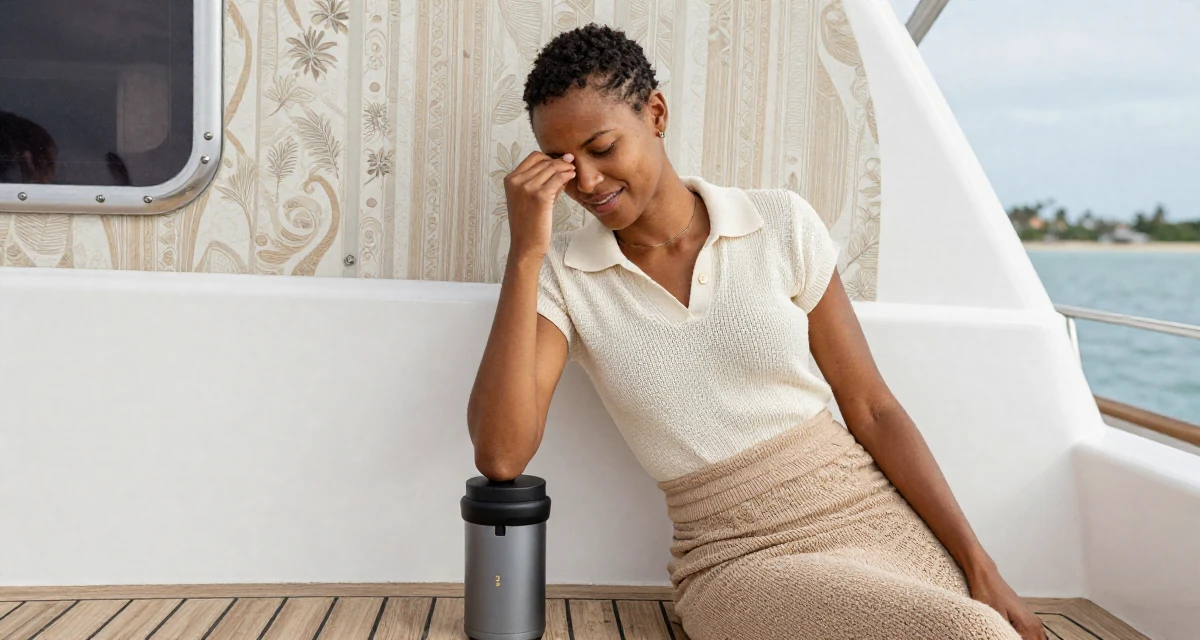 A carefree Female From Mombasa Kenya, practiced swimwear aesthetics in coastal campaigns in their 38, reviewer of high-end tech products, wearing a knitted polo shirt tucked into a midi skirt, rubbing eyes in a yacht deck.