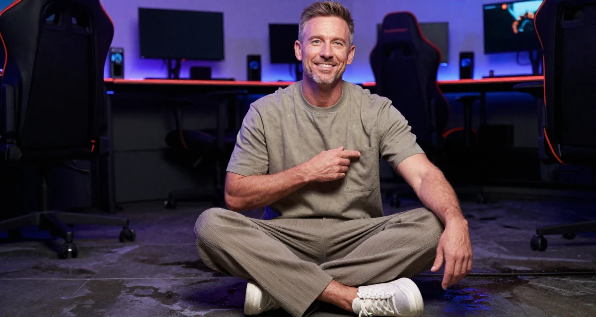 A satisfied male Raised in the UK, studied marketing strategy in their 40, inspiring others to chase dreams at any age, wearing a relaxed fit pleated trousers, reaching for a pocket in a gaming room.