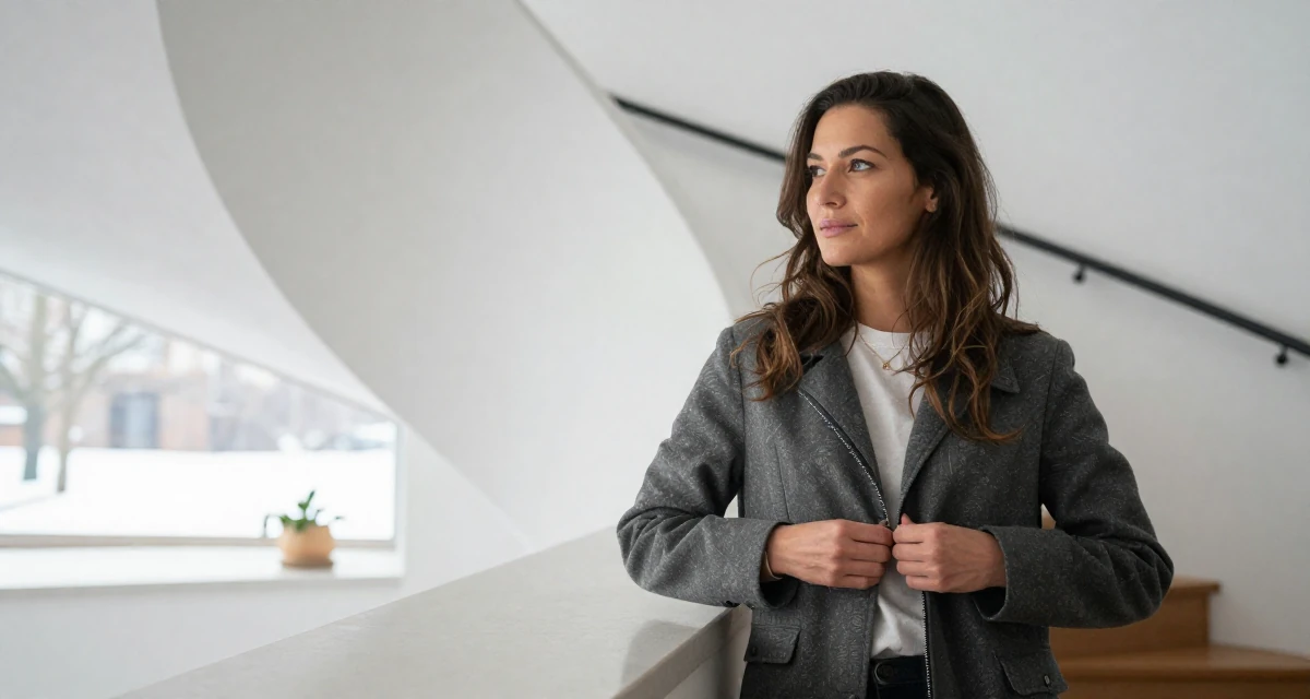 A confident and poised Female From Copenhagen Denmark, studied influencer branding and content campaigns in their 27, embracing natural beauty and minimalism, wearing a modern casual lifestyle wear, buttoning up a jacket in a winding staircase.