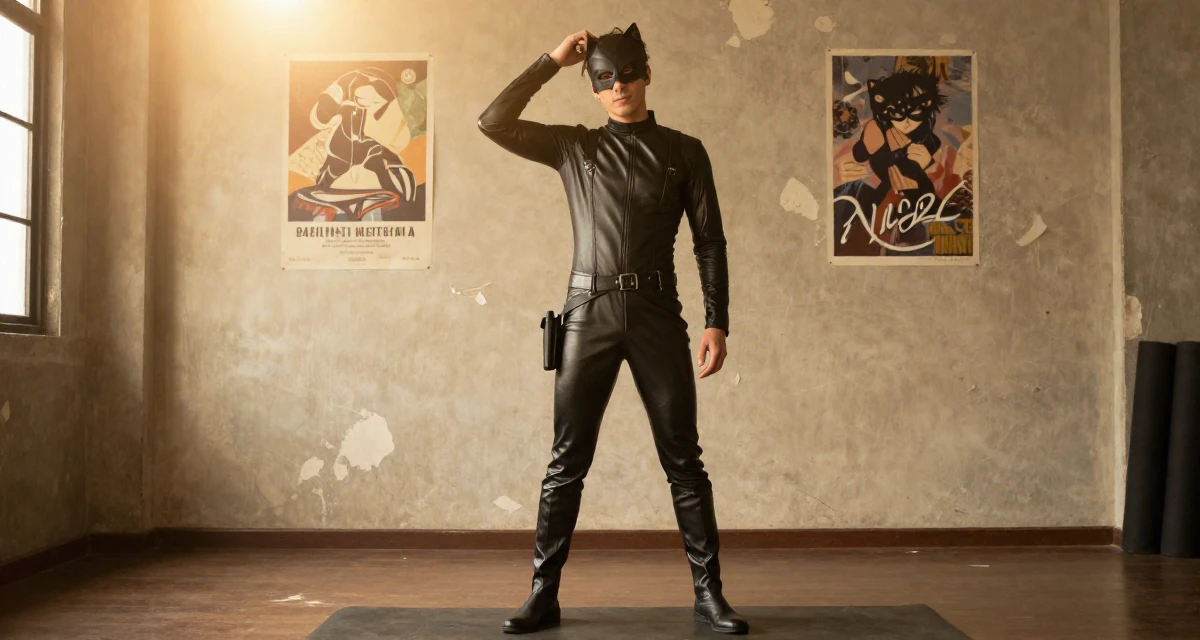 A unbothered male Raised in Vietnam, studied digital illustration in their 22, experimenting with online creative platforms, wearing a tight leather cat burglar suit with a utility belt, running fingers through hair in a yoga studio.