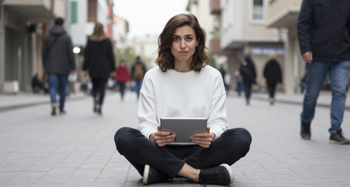 A cheeky Female From Armenia, studied sociology in their 50, launching a second act career with passion, wearing a minimalist Scandinavian style, holding a tablet device in a bustling city street.