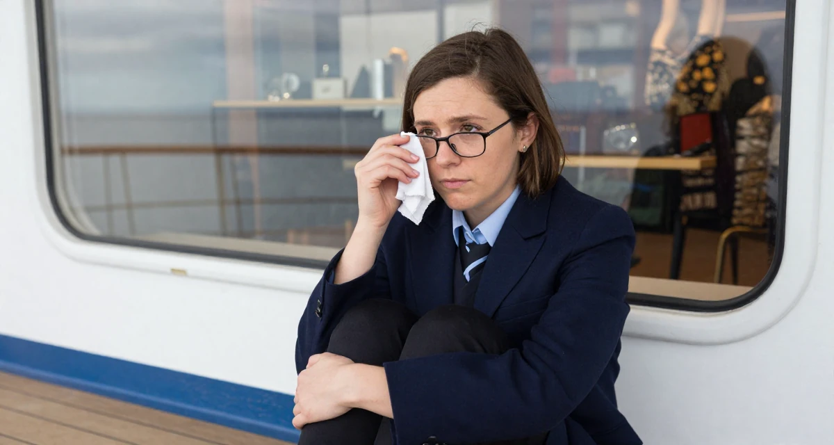 A calm Female From Ireland, based in Cork, graduated from a regional college majoring in digital content creation in their 35, balancing a PhD study with content creation, wearing a school council president uniform with a blazer, cleaning glasses with a cloth in a cruise ship deck.