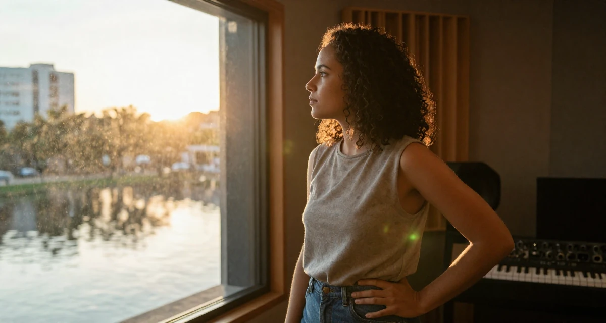 A contemplative Female From Brazil, studied architecture and urban planning in their 22, realizing that “overnight success” is a lie, wearing a modern casual lifestyle wear, looking out the window in a music recording studio.