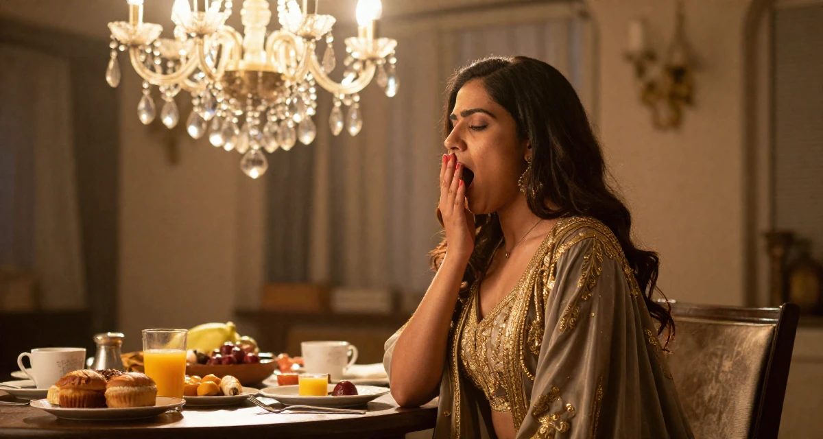 A unbothered Female From India, majored in fashion technology in their 30, redefining what success means personally, wearing a high-fantasy sorceress robe with gold embroidery, yawning discreetly in a breakfast nook.