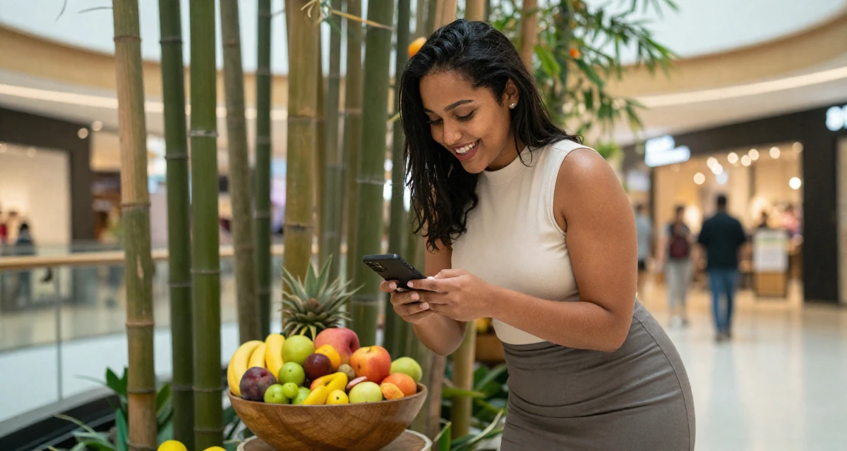 A hopeful Female Once a high-school English tutor, now exploring sensual storytelling in their 22, transitioning to more confident, sensual poses, wearing a mock neck sleeveless top and a pencil skirt, reading a text message in a shopping mall atrium.
