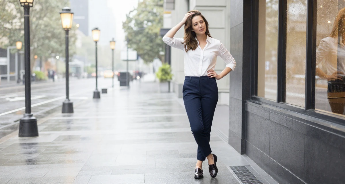 A lighthearted Female From Melbourne Australia, studied photography and imaging in their 32, sharing budget-friendly interior design tips, wearing a polished loafer and trousers look, scratching a head lightly in a pedestrian plaza.