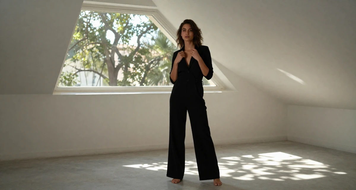 A moody Female From Marseille France, trained in Mediterranean beach modeling in their 25, over the drama of early 20s nightlife, wearing a black jumpsuit with a blazer style top, fixing a collar in a attic room.