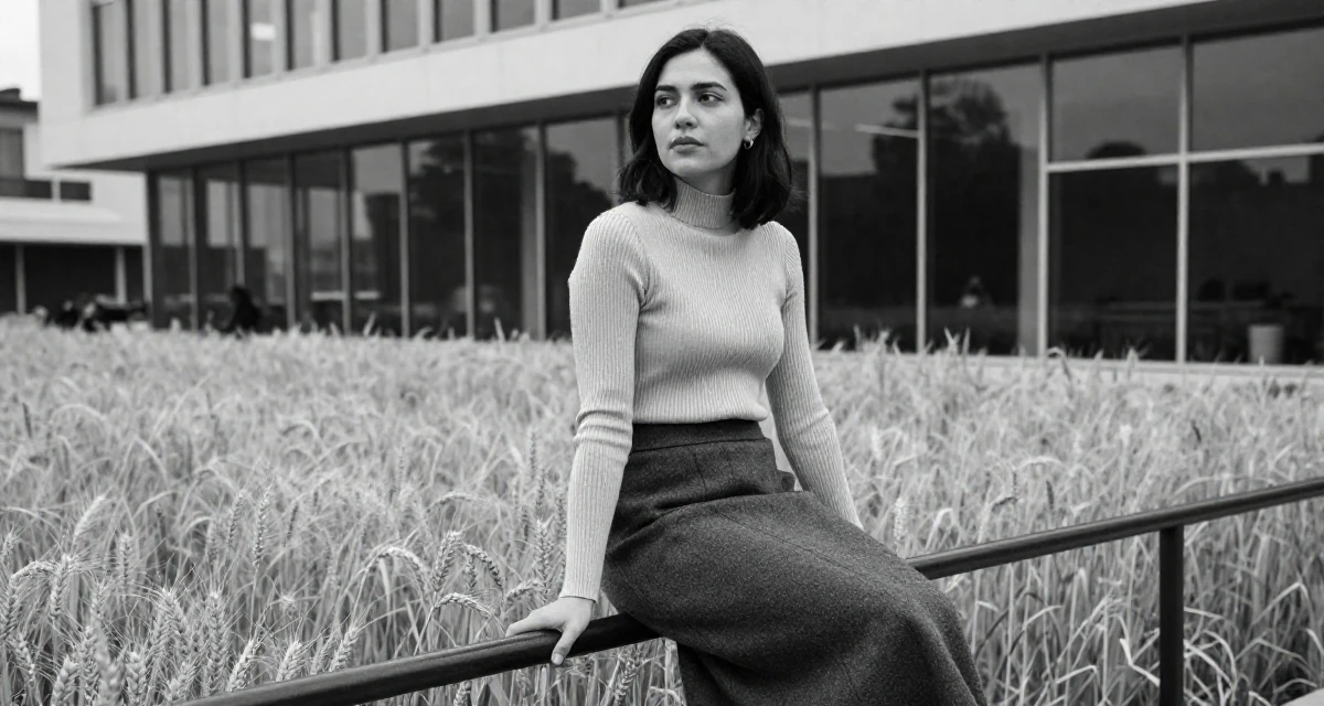 A cold and distant Female From Los Angeles USA, majored in performing arts in their 25, balancing social life with evolving ambitions, wearing a ribbed mock neck top and a long wool skirt, grabbing a railing for support in a golden wheat field.