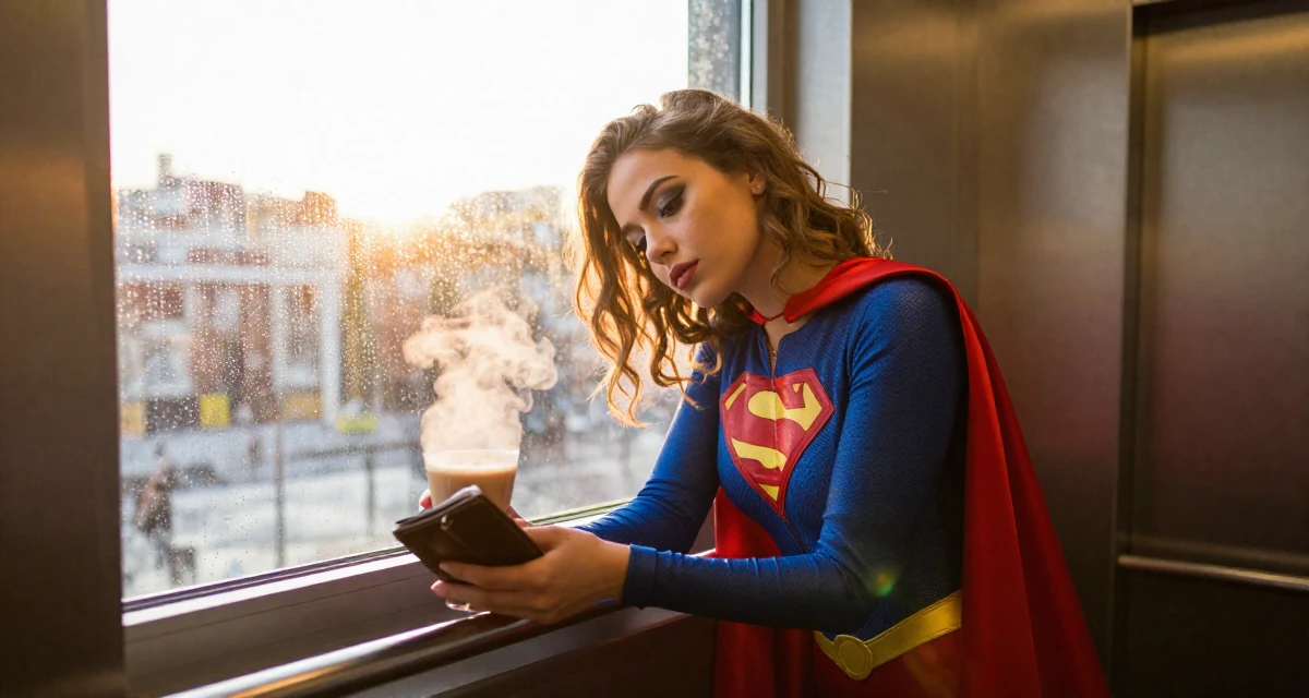A dazed Female From Russia, studied psychology at a community college in their 23, discovering how makeup transforms flirty confidence, wearing a superheroine spandex suit with a cape, checking a wallet in a corporate elevator.