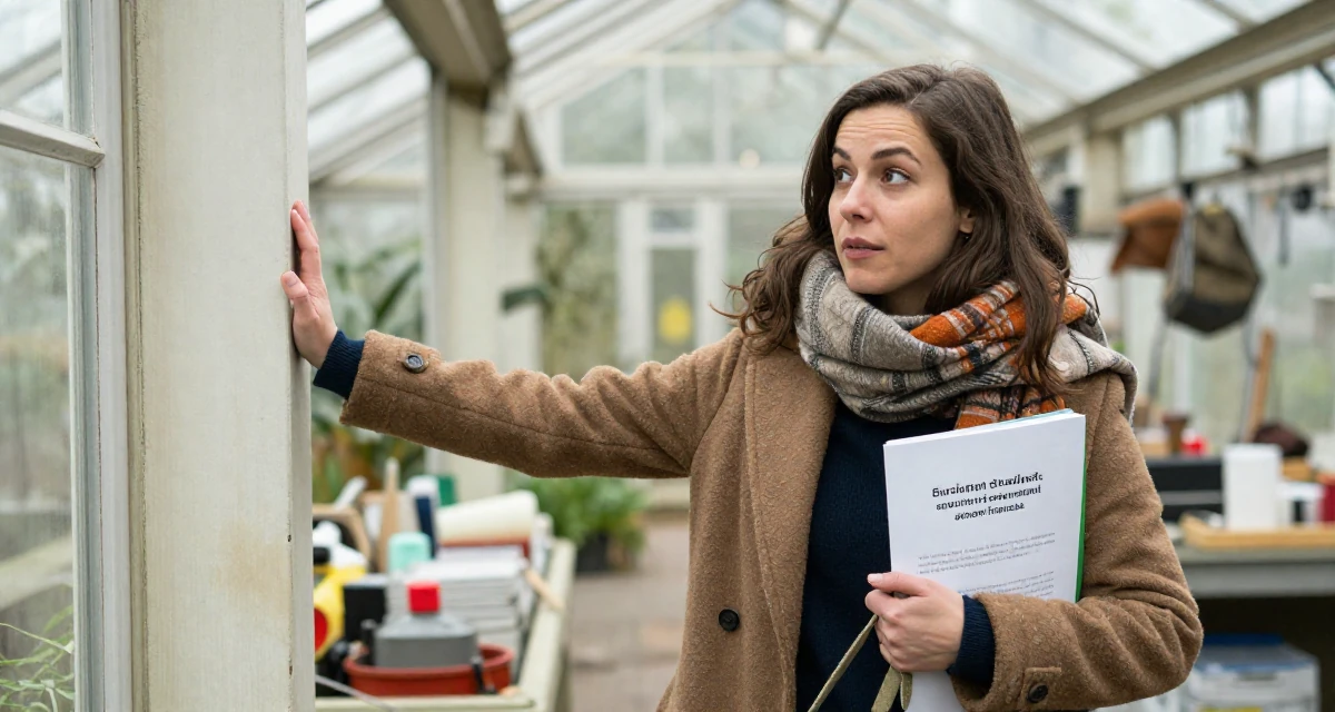 A whimsical Female From Zurich Switzerland, holds a degree in accounting and finance in their 26, searching for a partner with shared values, wearing a layered autumn coat and scarf, holding a leash in a greenhouse interior.