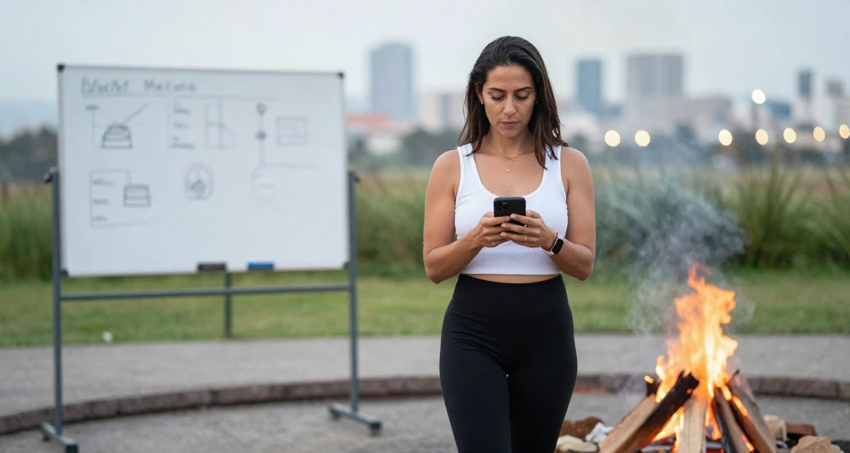 A stoic Female From Mexico City Mexico, learned expressive movement through Latin dance in their 25, establishing a distinct personal brand, wearing a modern casual lifestyle wear, checking a phone in a campfire circle.