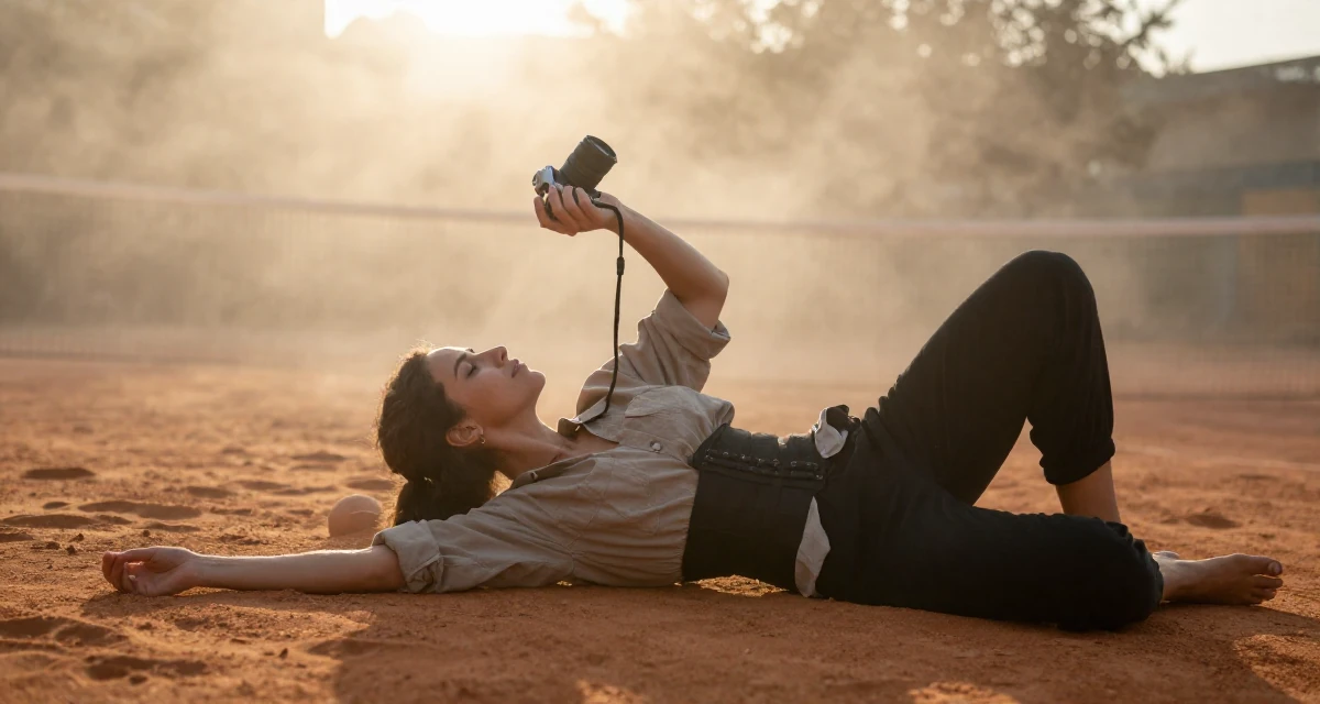 A innocent Female From Athens Greece, learned movement expression through traditional dance in their 42, finding peace in a slower intentional lifestyle, wearing a button-up shirt with a corset belt and black pants, holding a camera in a tennis court.