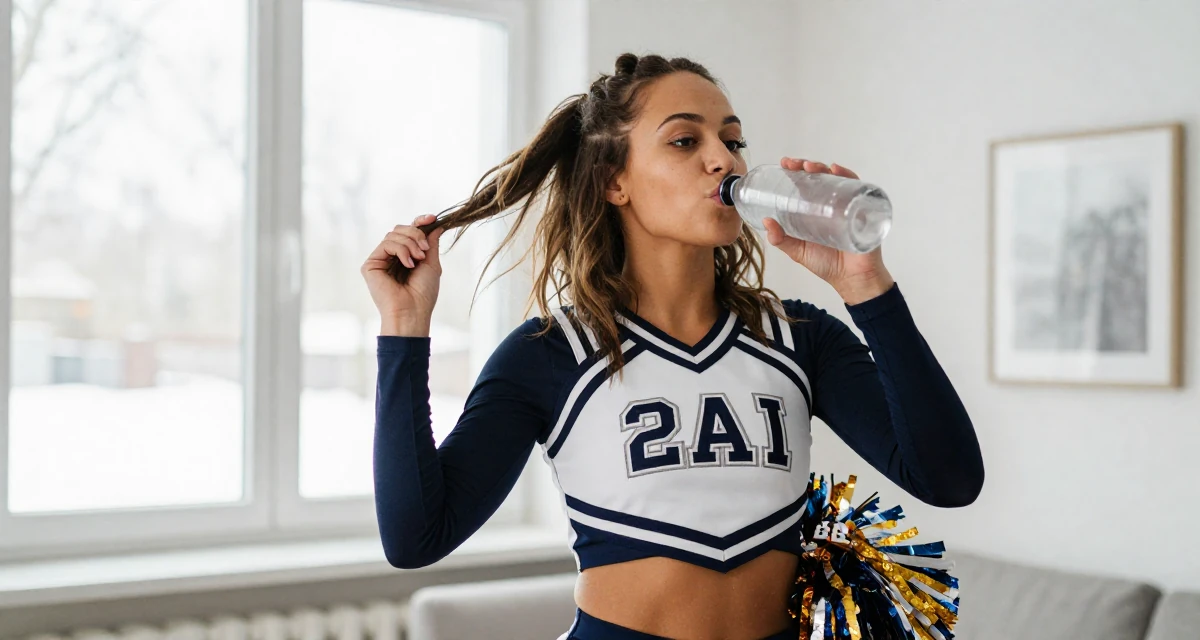 A mysterious Female From Rotterdam Netherlands, majored in logistics management in their 24, starting to feel comfortable in their own skin, wearing a cheerleader uniform with a cropped top and pom-poms, drinking from a water bottle in a home interior.