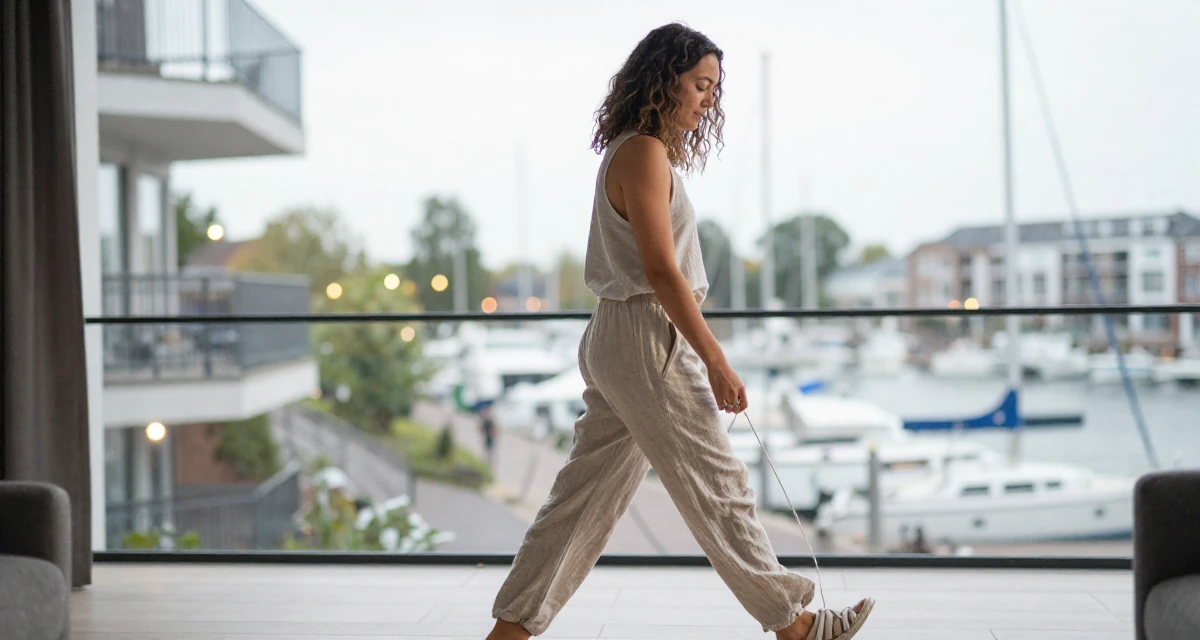 A romantic Female From the Netherlands, based in Utrecht, graduated from a creative academy majoring in UX design in their 21, planning a gap year to escape reality, wearing a loose-fitting linen trousers, tying a shoelace in a modern apartment.