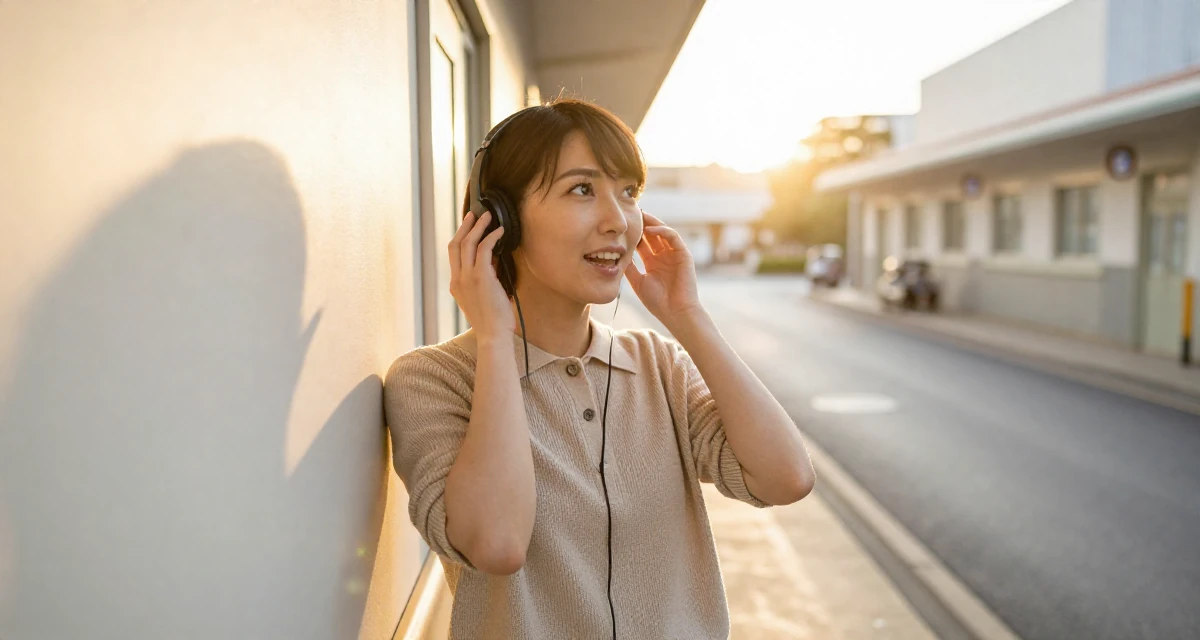 A spirited Female From Japan, majored in mechanical engineering in their 36, pivoting career paths completely, wearing a smart knit polo, adjusting headphones in a hospital corridor.