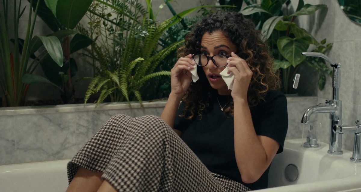 A surprised Female From Chile, studied commercial design in their 27, questioning long-term sustainability of creator life, wearing a houndstooth pattern skirt and black top, cleaning glasses with a cloth in a marble bathroom with a tub.