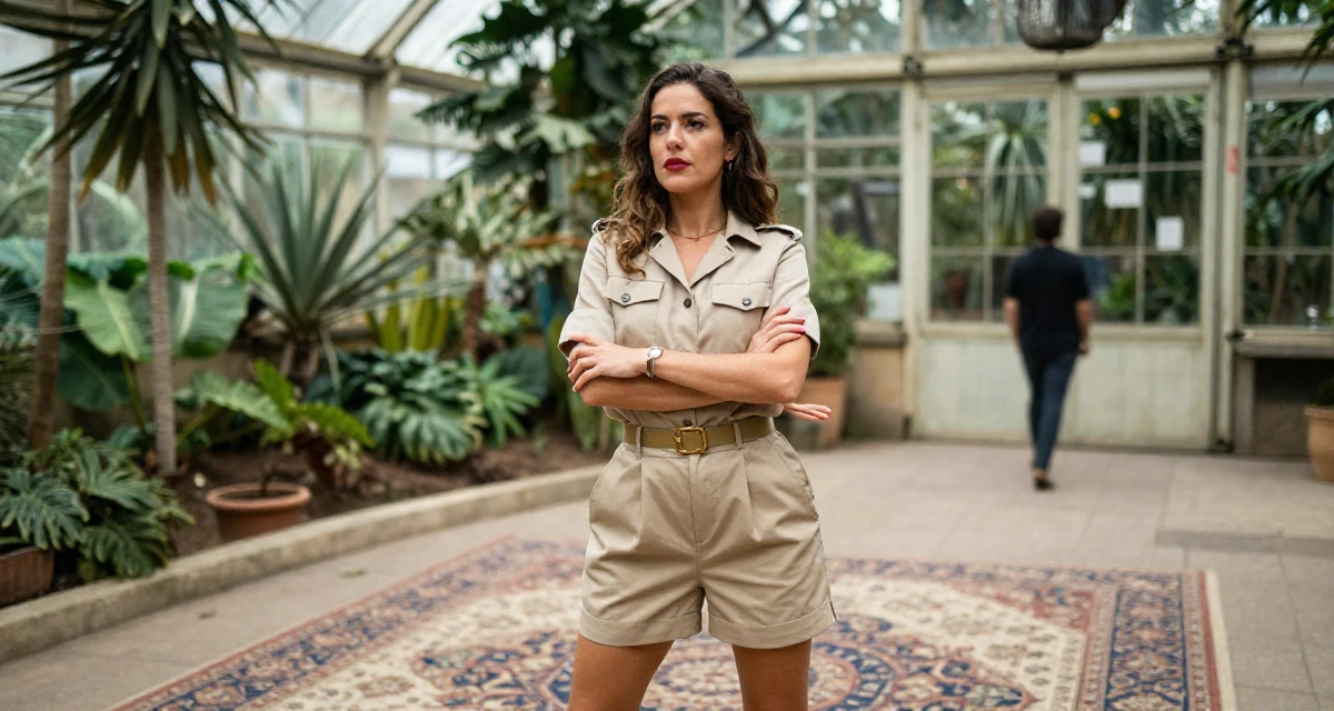 A sophisticated Female From Spain, majored in journalism in their 41, tech executive pivot to digital content creation, wearing a safari explorer outfit with khaki shorts, stretching arms in a botanical greenhouse.