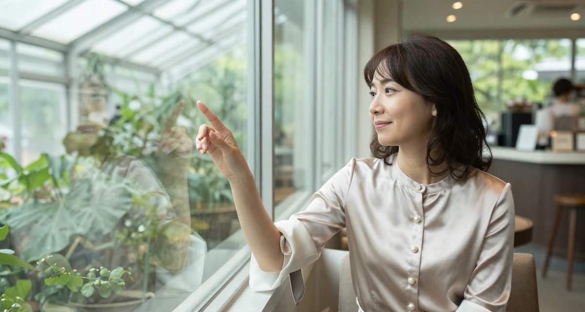 A lighthearted Female From Tokyo Japan, majored in literature in their 47, solo traveler exploring the world in luxury, wearing a satin blouse with pearl buttons, checking a reflection in a window in a greenhouse interior.