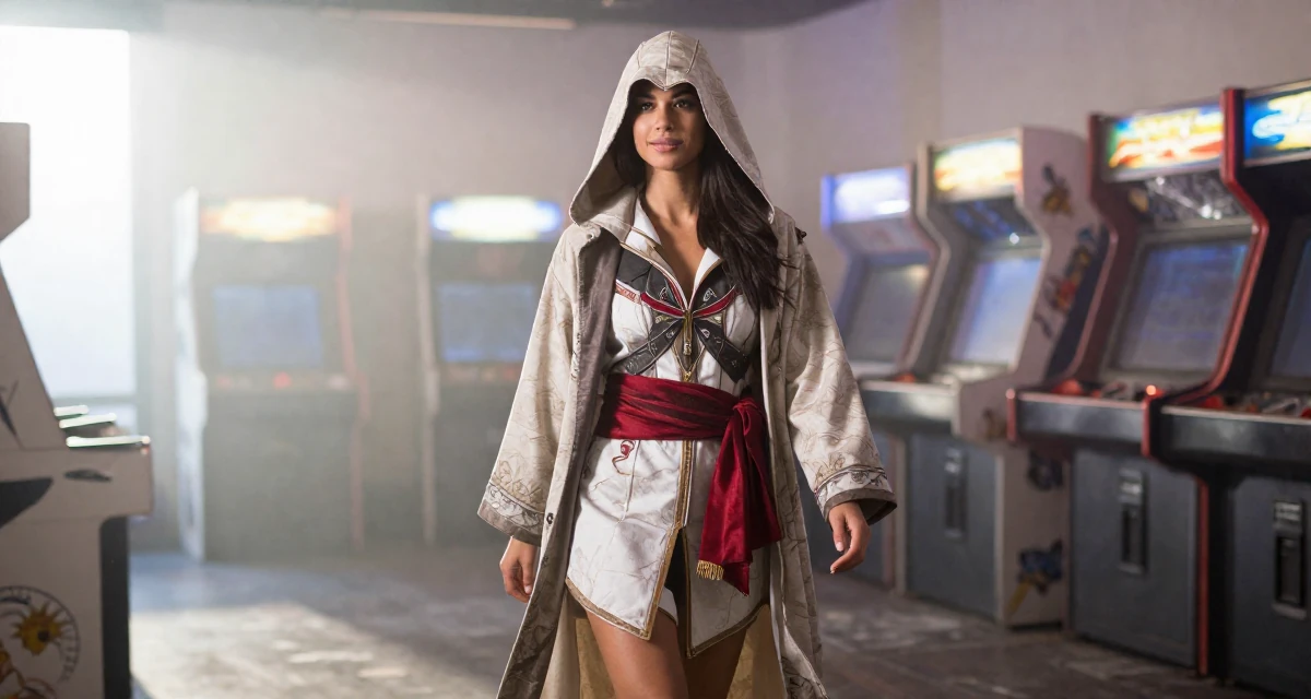 A radiant Female From Houston USA, majored in psychology in their 28, feeling a renewed sense of ambition, wearing a assassin creed style hooded robe and tunic, crossing legs in a arcade room with neon lights.