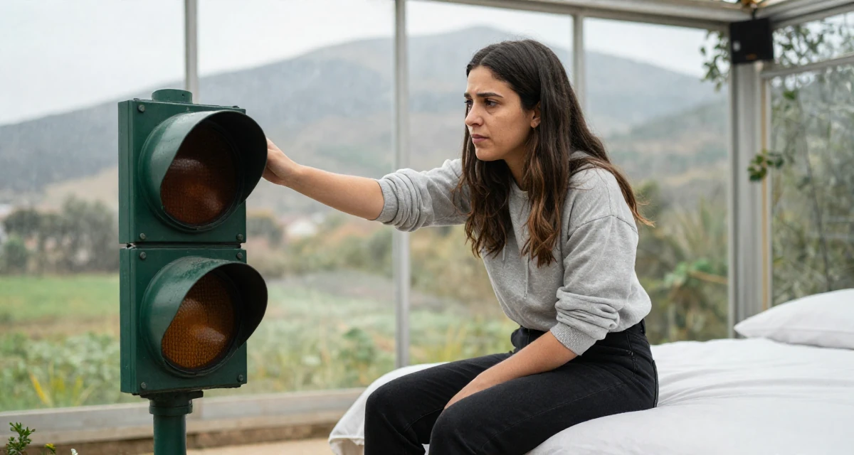 A vulnerable Female From Portugal, majored in architecture in their 23, discovering the allure of slow, controlled movement, wearing a modern casual lifestyle wear, waiting for a light to change in a greenhouse interior.