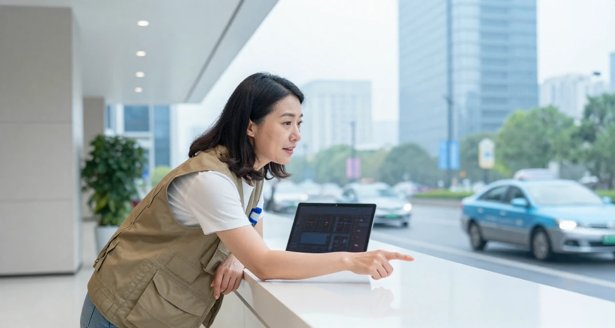 A elegant Female From Suzhou China, holds a degree in architecture in their 37, embracing the chaos of family life with humor, wearing a urban explorer utility vest look, pointing at something nearby in a modern skyscraper lobby.