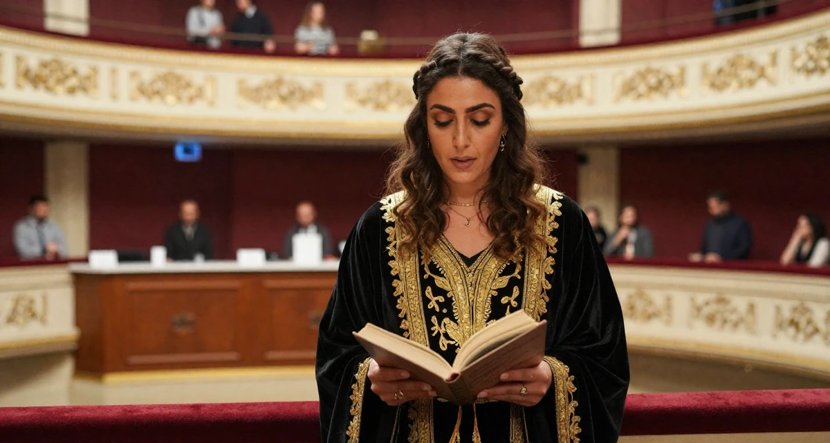 A bold and charismatic Female From Cairo Egypt, studied expressive arts therapy in their 41, rebuilding confidence after job loss, wearing a high-fantasy sorceress robe with gold embroidery, opening a book in a opera house balcony.