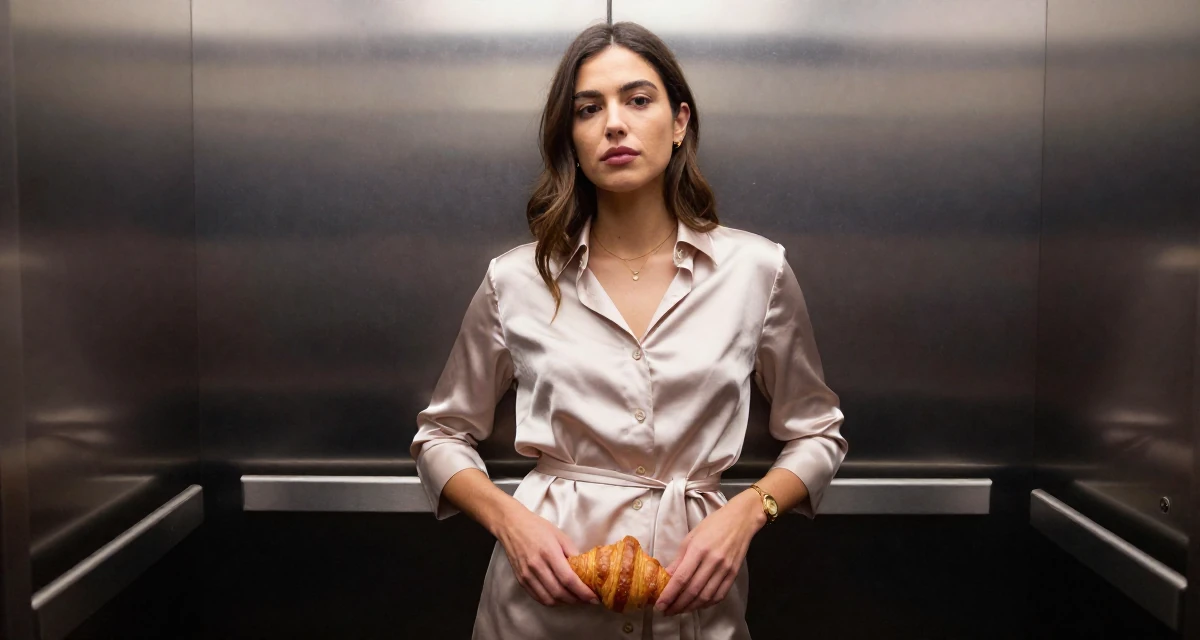 A zoned out Female Grew up in Spain, studied international business in their 22, entering the workforce with limited experience, wearing a silk shirt dress with a tie waist, eating a croissant in a elevator hall.