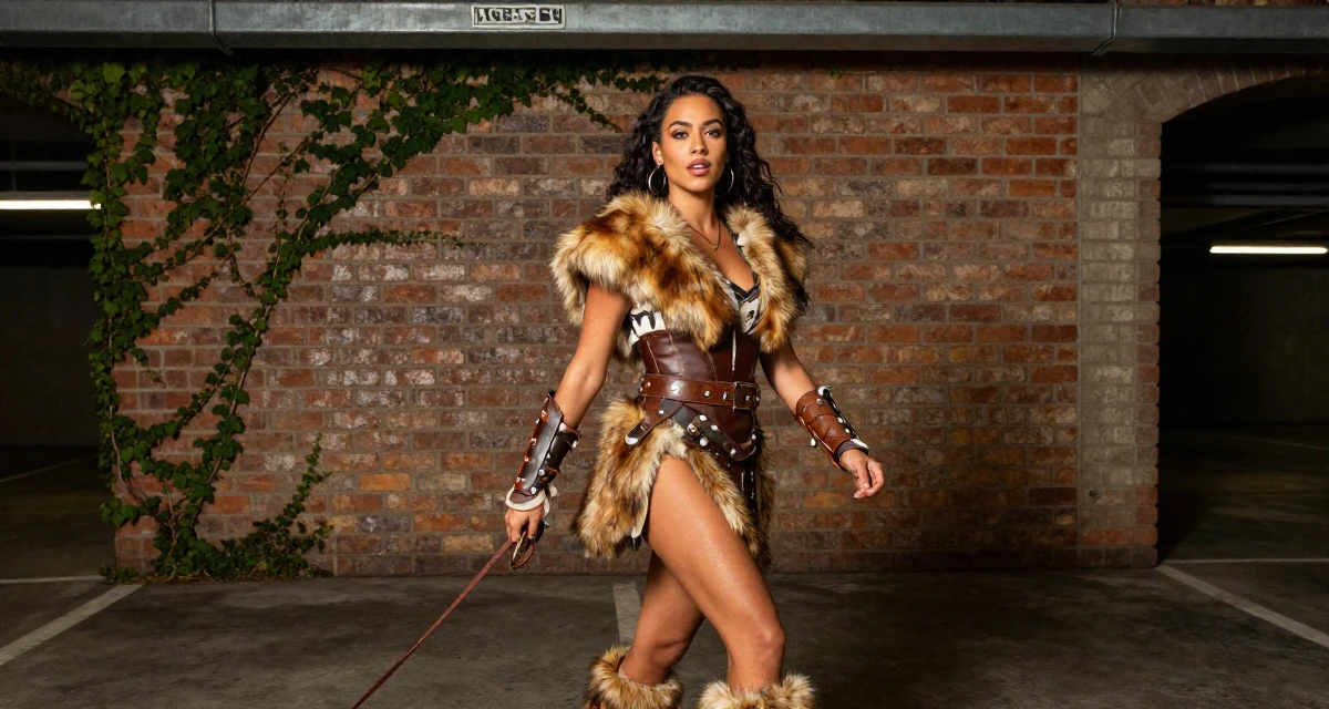 A inspired Female From Cape Town South Africa, studied film editing in their 33, balancing softness with inner strength, wearing a barbarian warrior outfit with faux fur and leather, holding a leash in a underground parking garage.