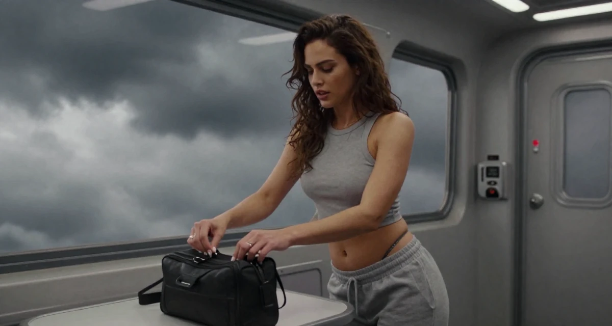 A sultry Female Once a startup assistant, now a creator experimenting with storytelling in their 25, testing personal boundaries through new experiences, wearing a cropped tank top and low-waisted sweatpants, closing a bag in a spaceship corridor.
