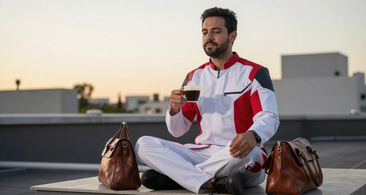 A empowered male From Brazil, studied logistics engineering in their 25, letting go of the need to please everyone, wearing a futuristic medic uniform with white and red details, carrying a leather handbag in a rooftop terrace at sunset.