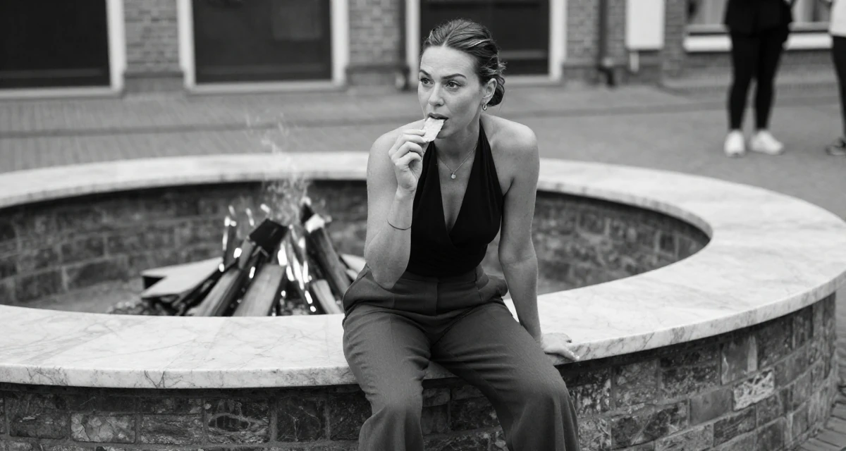 A confident and poised Female From Rotterdam Netherlands, majored in logistics management in their 29, seeking mentorship and higher guidance, wearing a halter neck top and wide-leg office trousers, holding a snack in a campfire circle.