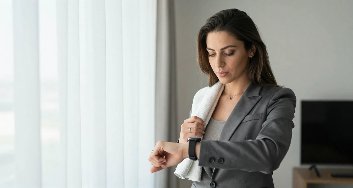 A self-assured Female From Spain, has a degree in fine arts in their 23, wearing smart casual and checking a watch, wearing a sleek modern tailored look, holding a gym towel in a modern apartment.