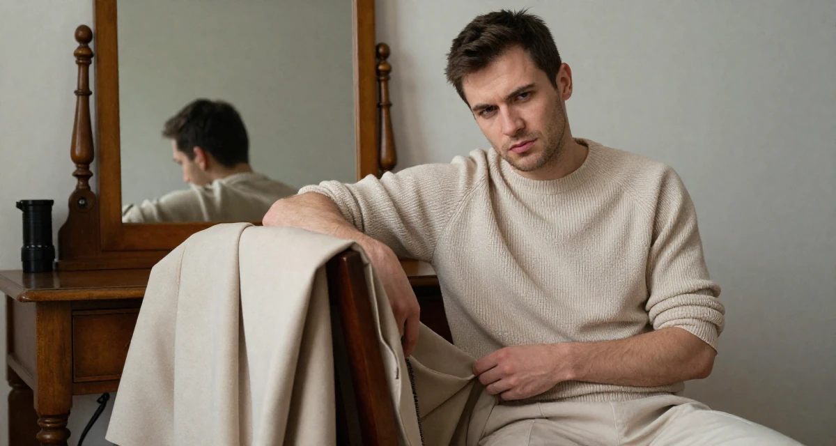 A arrogant male From Poland, based in Gdańsk, graduated from a communication college majoring in expressive personal branding in their 22, balancing personal dating life with creator identity, wearing a monochromatic beige outfit with a knit top and trousers, fixing the hem of a skirt in a vanity mirror.