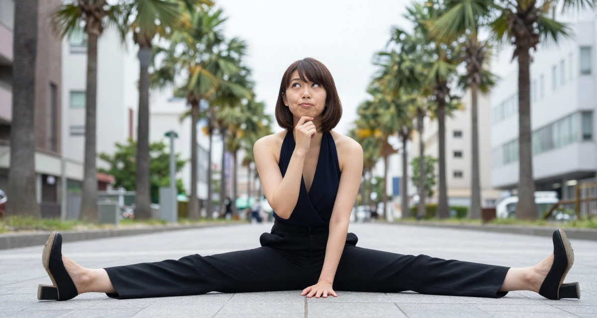 A observant Female From Japan, majored in sociology in Tokyo in their 23, experimenting with playful facial expressions, wearing a halter neck top and wide-leg office trousers, touching the chin thoughtfully in a historic downtown.