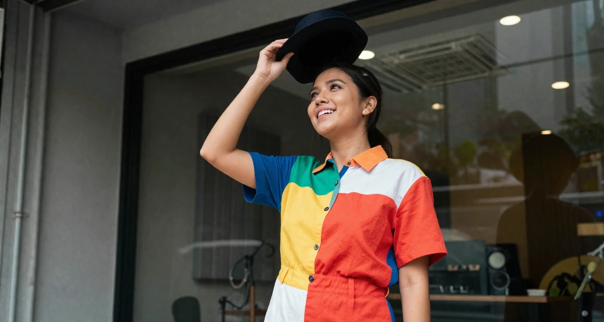 A grateful Female From Johor Malaysia, learned portrait photography through freelance work in their 34, creating content about pet care and training, wearing a bold color-block outfit, holding a hat in a music studio.