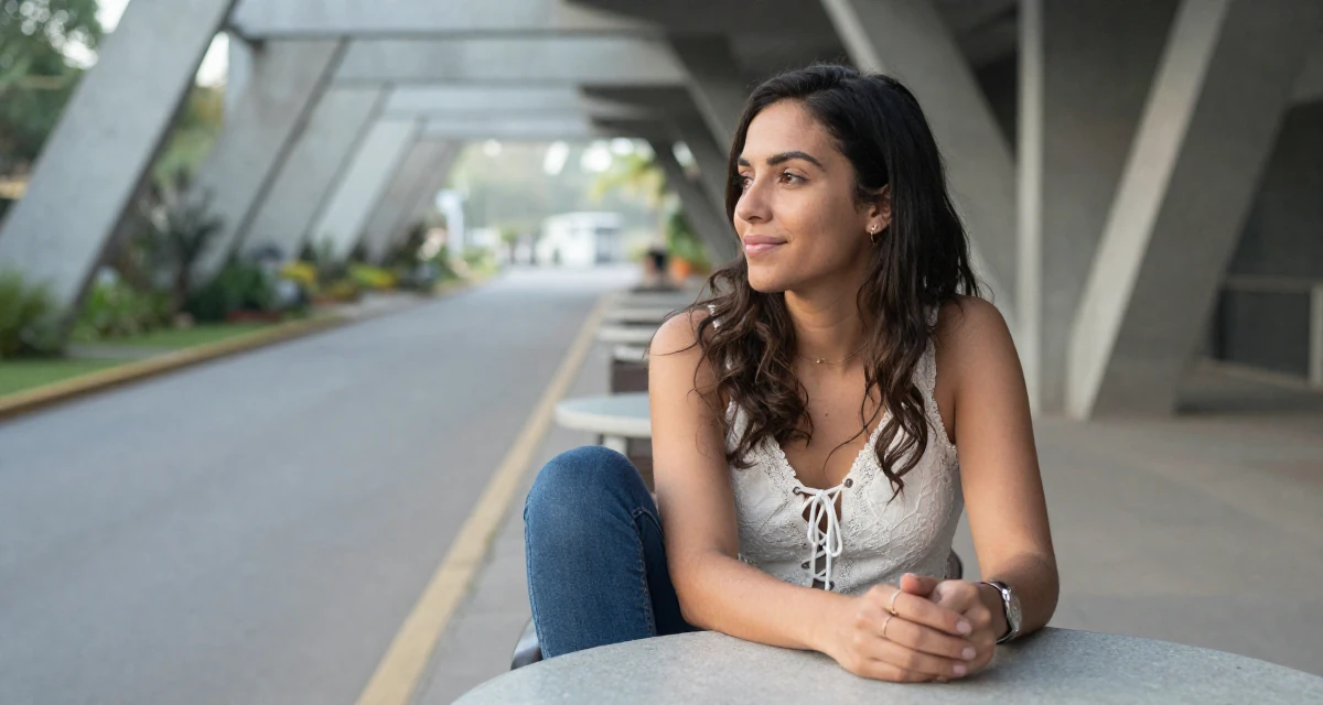 A sweet Female From Ecuador, studied system engineering in their 25, appreciating quiet mornings and routines, wearing a lace-up front top and skinny jeans, resting hands on a table in a zoo pathway.