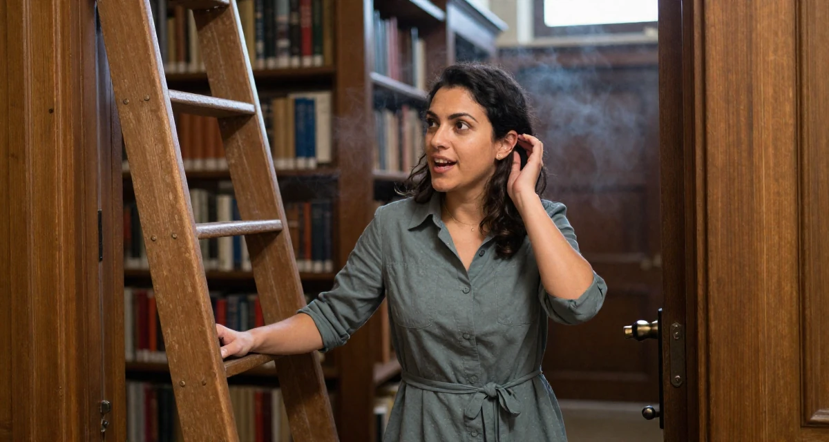 A vibrant and alive Female Former small-town teacher, now exploring expressive photography in their 28, mastering the art of work-life boundaries, wearing a belted shirt dress with rolled sleeves, pushing a door open in a old library with wooden ladders.