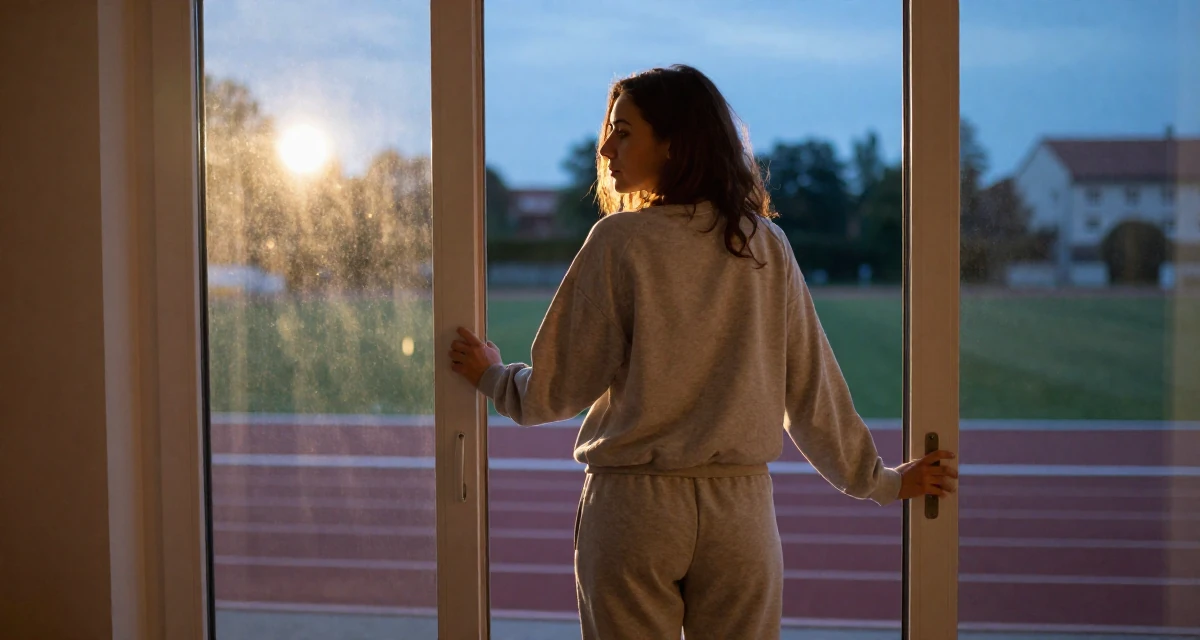 A distracted Female From Austria, majored in music theory in their 44, minimalist living with a focus on quality, wearing a relaxed jogger and sweatshirt combo, pushing a door open in a running track.