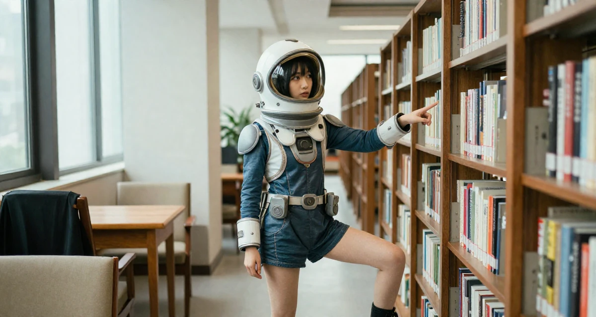 A timid Female From Nanjing China, picked up videography working backstage at events in their 25, embracing full creative control over a bold persona, wearing a retro sci-fi space girl outfit with a bubble helmet, pointing at something nearby in a library aisle.