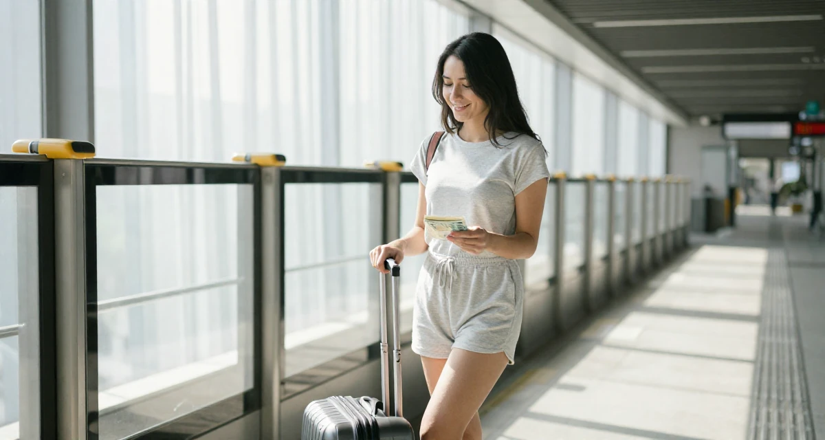 A happy Female Previously a travel-blog student, now turning trips into premium creator content in their 32, newly married and adjusting to shared finances, wearing a cotton jersey romper that fits tightly, polling a luggage handle in a subway platform.