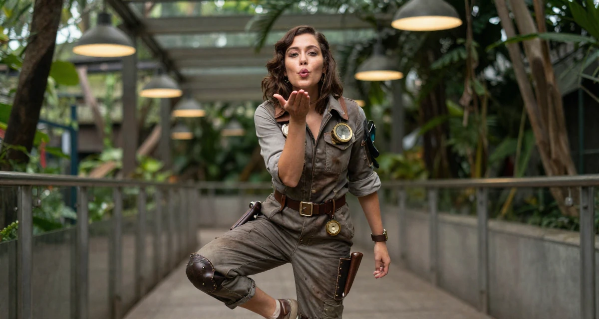 A intense Female From Manila Philippines, studied mass communication in their 24, establishing a distinct professional reputation, wearing a steampunk mechanic jumpsuit with grease stains, blowing a kiss in a zoo pathway.
