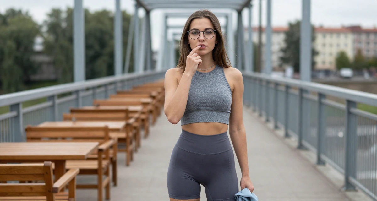 A composed Female From Russia, studied computer science at a technical university in their 33, considering switching careers, wearing a cropped gym top and high-cut running shorts, cleaning glasses with a cloth in a bridge walkway.
