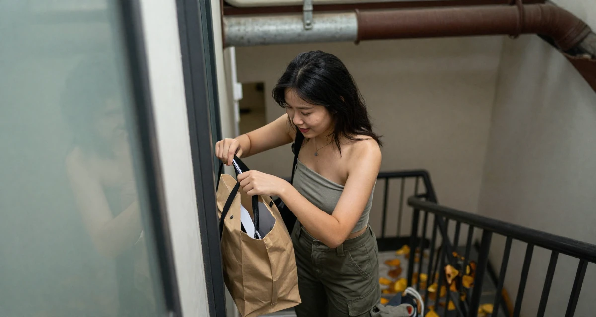 A sympathetic Female From Vietnam, based in Da Nang, graduated from a local university majoring in e-commerce in their 26, taking night classes, wearing a strapless tube top and cargo pants, looking through a bag in a winding staircase.