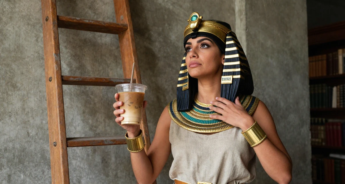 A proud Female From Los Angeles USA, majored in performing arts in their 22, clutching an iced coffee as a survival tool, wearing a egyptian queen costume with gold collar and linen, adjusting a shoulder strap in a old library with wooden ladders.