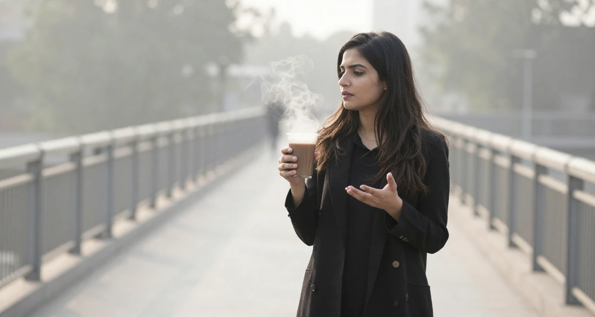 A stoic Female From Pakistan, based in Lahore, graduated from a business school majoring in marketing management in their 24, learning to prioritize emotional well-being, wearing a urban minimalist silhouette, gesturing while talking in a bridge walkway.